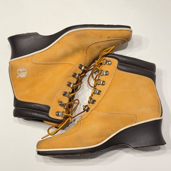 Timberland Wheat Nubuck Leather Wedge Heel Ankle Boot Square Toe Women Size 7.5M - Picture 11 of 14
